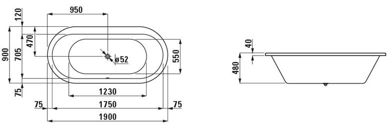 LAUFEN SOLUTIONS vana 190x90 cm, bez nožiček, akrylát H2255100000001 Technický nákres