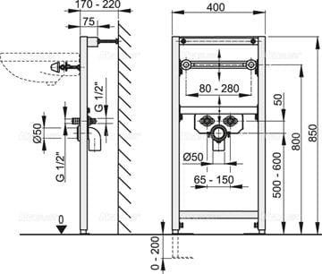 ALCA montážní rám pro umyvadlo 85 cm A104/850 Technický nákres