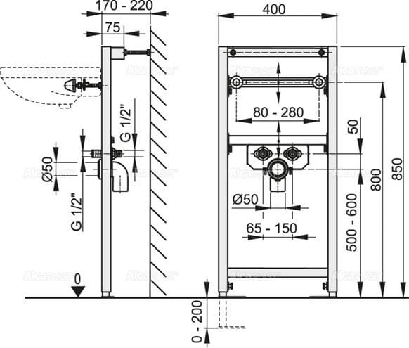 ALCA montážní rám pro umyvadlo 85 cm A104/850 Technický nákres