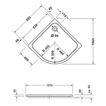 CONCEPT 200 NEW sprchová vanička 90x90 cm, R500, akrylát, bez nožiček 720414000000000 Technický nákres