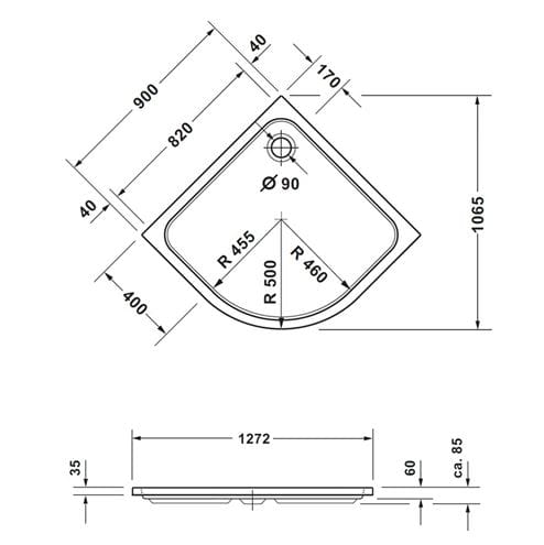 CONCEPT 200 NEW sprchová vanička 90x90 cm, R500, akrylát, bez nožiček 720414000000000 Technický nákres