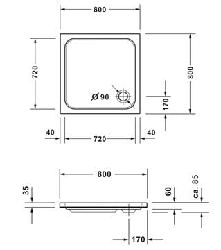 CONCEPT 200 NEW sprchová vanička 80x80 cm, akrylát, bez nožiček 720391000000000 Technický nákres