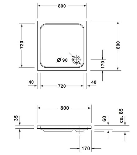 CONCEPT 200 NEW sprchová vanička 80x80 cm, akrylát, bez nožiček 720391000000000 Technický nákres