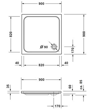 CONCEPT 200 NEW sprchová vanička 90x90 cm, akrylát, bez nožiček  720392000000000 Technický nákres