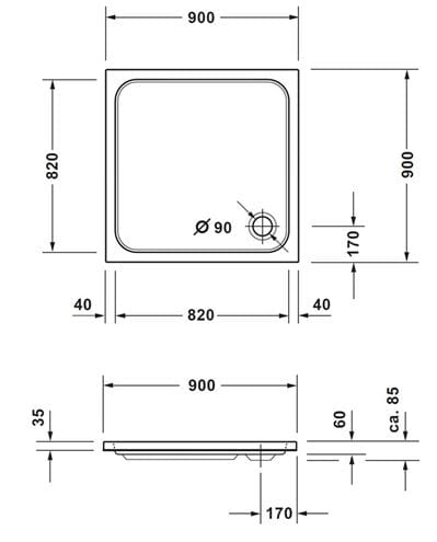 CONCEPT 200 NEW sprchová vanička 90x90 cm, akrylát, bez nožiček  720392000000000 Technický nákres