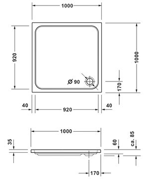 CONCEPT 200 NEW sprchová vanička 100x100 cm, akrylát, bez nožiček  720393000000000 Technický nákres