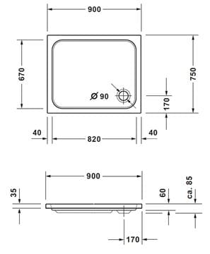 CONCEPT 200 NEW sprchová vanička 90x75 cm, akrylát, bez nožiček  720412000000000 Technický nákres