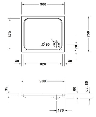 CONCEPT 200 NEW sprchová vanička 90x75 cm, akrylát, bez nožiček  720412000000000 Technický nákres
