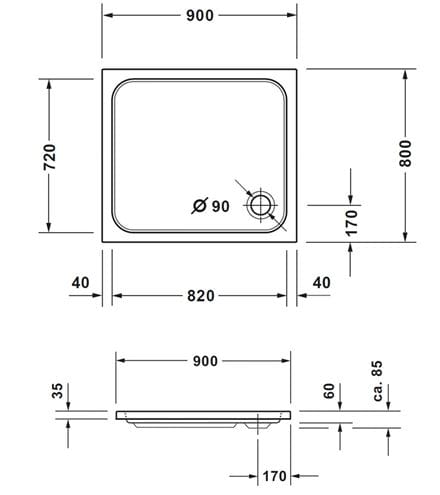 CONCEPT 200 NEW sprchová vanička 90x80 cm, akrylát, bez nožiček 720394000000000 Technický nákres