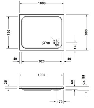 CONCEPT 200 NEW sprchová vanička 100x80 cm, akrylát, bez nožiček 720395000000000 Technický nákres
