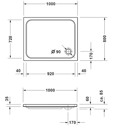 CONCEPT 200 NEW sprchová vanička 100x80 cm, akrylát, bez nožiček 720395000000000 Technický nákres