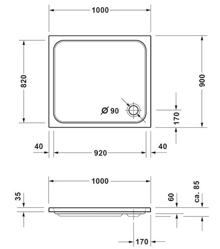 CONCEPT 200 NEW sprchová vanička 100x90 cm, akrylát, bez nožiček 720396000000000 Technický nákres