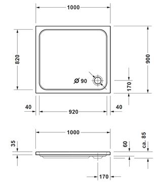 CONCEPT 200 NEW sprchová vanička 100x90 cm, akrylát, bez nožiček 720396000000000 Technický nákres