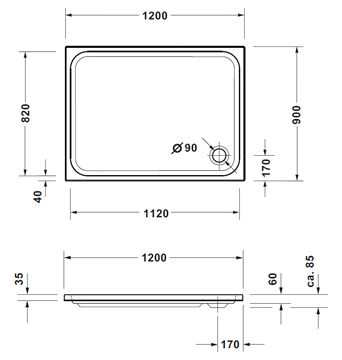 CONCEPT 200 NEW sprchová vanička 120x90 cm, akrylát, bez nožiček 720398000000000 Technický nákres