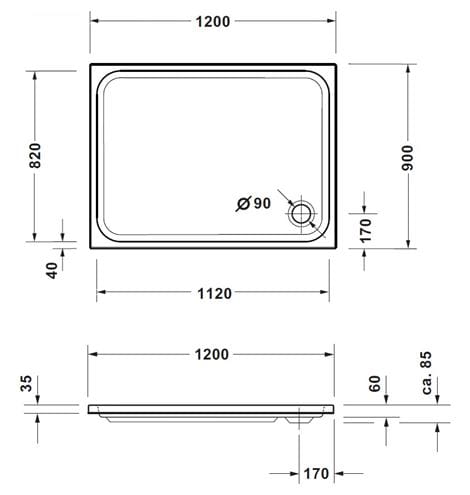 CONCEPT 200 NEW sprchová vanička 120x90 cm, akrylát, bez nožiček 720398000000000 Technický nákres