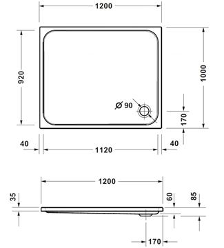 CONCEPT 200 NEW sprchová vanička 120x100 cm, akrylát, bez nožiček 720399000000000 Technický nákres