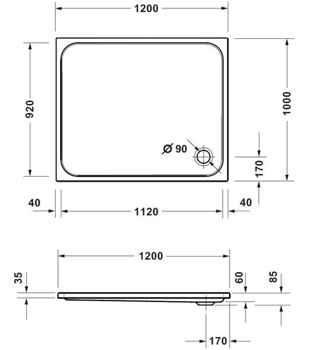 CONCEPT 200 NEW sprchová vanička 120x100 cm, akrylát, bez nožiček 720399000000000 Technický nákres