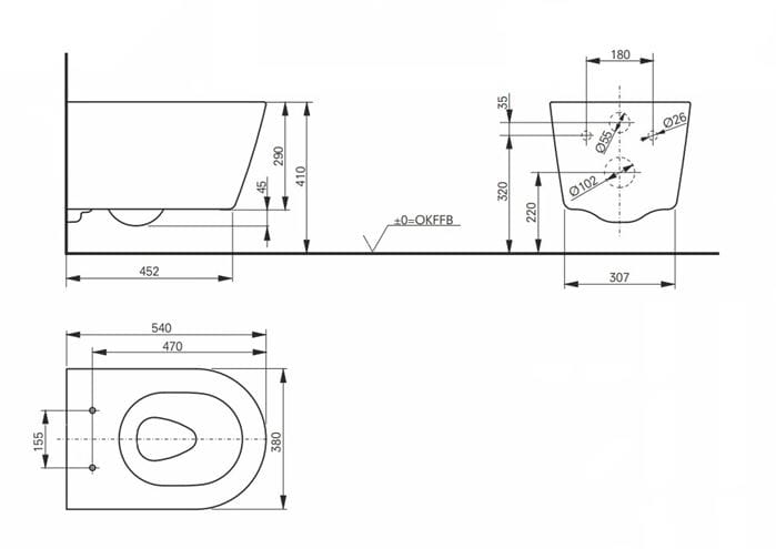 TOTO RP závěsné WC, Rimless splachování, matná černá  CW552RY#MBL Technický nákres