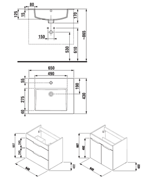 JIKA CUBE skříňka s umyvadlem 65x43x62,2 cm, 2 dvířka, bílá H4536011763001 Technický nákres