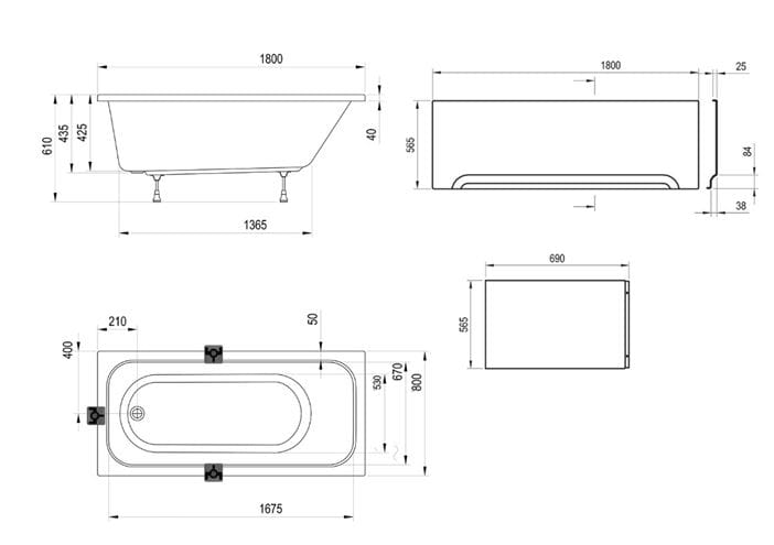 RAVAK CHROME vana 180x80 cm, bez nožiček, akrylát CE21000000 Technický nákres