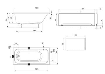 RAVAK CHROME vana 180x80 cm, bez nožiček, akrylát CE21000000 Technický nákres