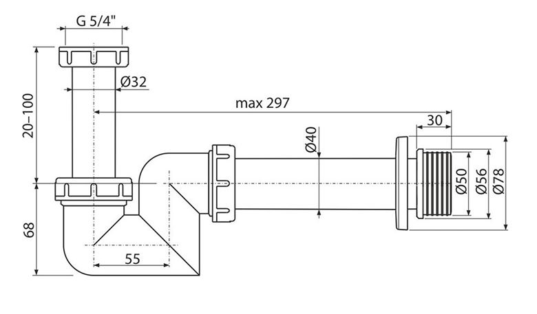 RAVAK CHROME bidetový sifon DN40, s převlečnou maticí 5/4 X01560 Technický nákres