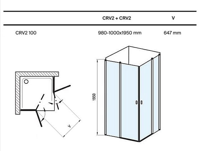 RAVAK CHROME CRV2 100 sprchové dveře 100x195 cm, lítací, černá/sklo transparent 1QVA0300Z1 Technický nákres