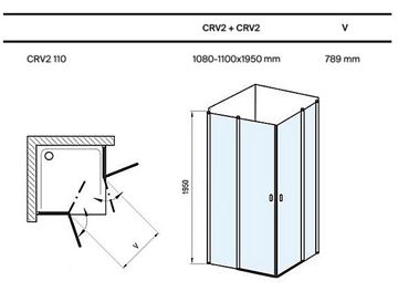RAVAK CHROME CRV2 110 sprchové dveře 110x195 cm, lítací, černá/sklo transparent 1QVD0300Z1 Technický nákres