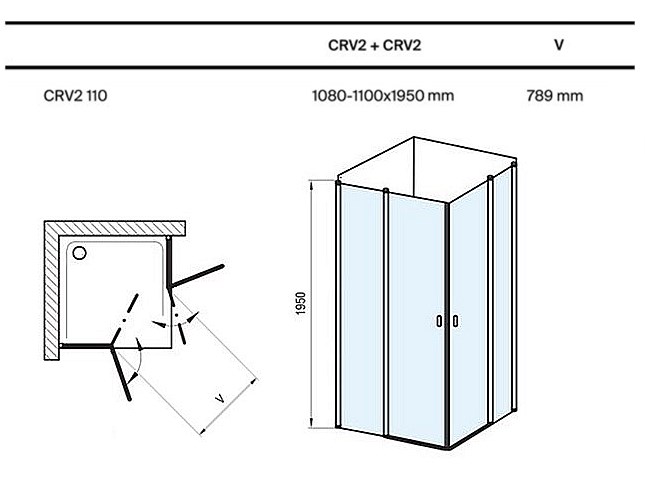 RAVAK CHROME CRV2 110 sprchové dveře 110x195 cm, lítací, černá/sklo transparent 1QVD0300Z1 Technický nákres