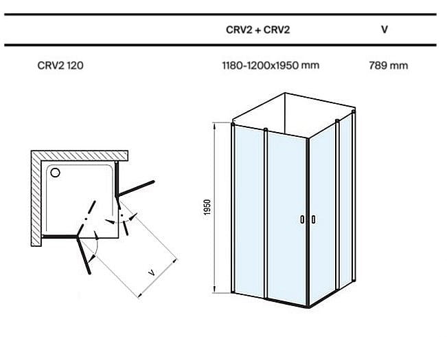 RAVAK CHROME CRV2 120 sprchové dveře 120x195 cm, lítací, černá/sklo transparent 1QVG0300Z1 Technický nákres