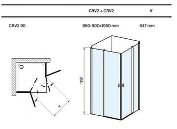RAVAK CHROME CRV2 90 sprchové dveře 90x195 cm, lítací, černá/sklo transparent 1QV70300Z1 Technický nákres