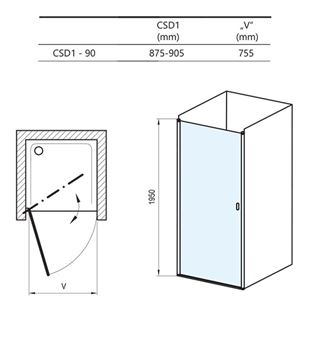 RAVAK CHROME CSD1 90 sprchové dveře 90x195 cm, lítací, černá/sklo transparent 0QV70300Z1 Technický nákres