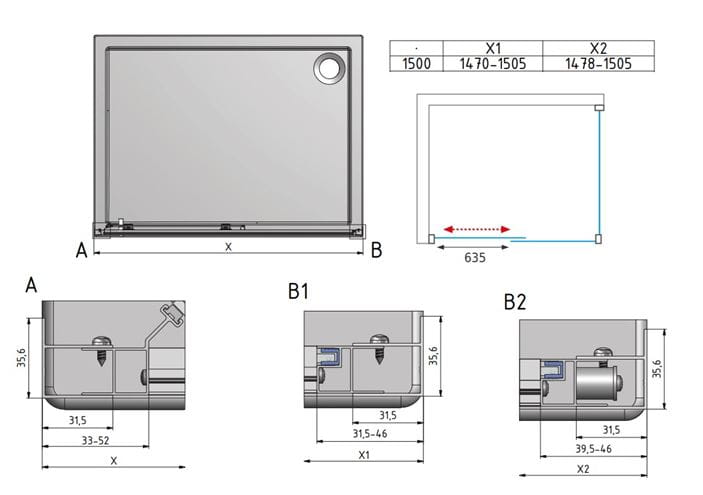 ROTH LEGA LINE LLD2/1500 sprchové dveře 150x190 cm, posuvné, brillant/sklo transparent 556-1500000-00-02 Technický nákres