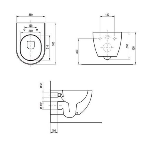 RAVAK UNI CHROME závěsné WC, se SoftClose sedátkem, RimOff splachování X03081 Technický nákres