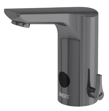 SANELA umyvadlová senzorová baterie s regulací teploty, napájení ze sítě, Bluetooth, metal grey