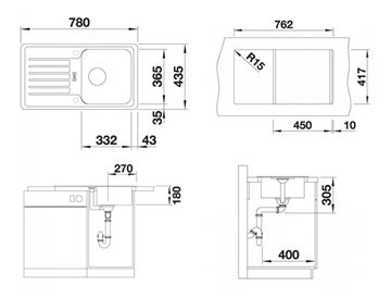 BLANCO FAVOS MINI granitový dřez 780x435 mm, otočný, odkapávač, antracit 518186 Technický nákres