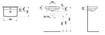 LAUFEN PRO N umyvadlo 50 cm, s otvorem pro baterii a přepadem H8109540001041 Technický nákres