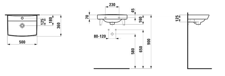 LAUFEN PRO N umyvadlo 50 cm, s otvorem pro baterii a přepadem H8109540001041 Technický nákres
