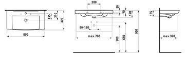 LAUFEN PRO N umyvadlo 80 cm, s otvorem pro baterii a přepadem H8109570001041 Technický nákres
