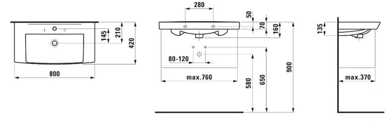 LAUFEN PRO N umyvadlo 80 cm, s otvorem pro baterii a přepadem H8109570001041 Technický nákres