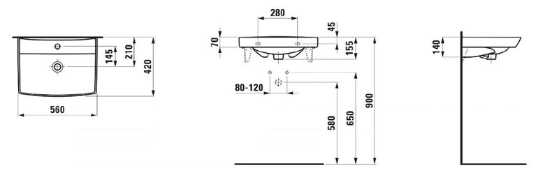 LAUFEN PRO N umyvadlo 56 cm, s otvorem pro baterii a přepadem H8109550001041 Technický nákres