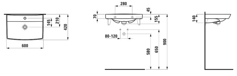 LAUFEN PRO N umyvadlo 60 cm, s otvorem pro baterii a přepadem H8109560001041 Technický nákres