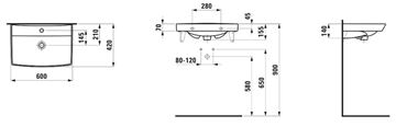 LAUFEN PRO N umyvadlo 60 cm, s otvorem pro baterii a přepadem H8109560001041 Technický nákres