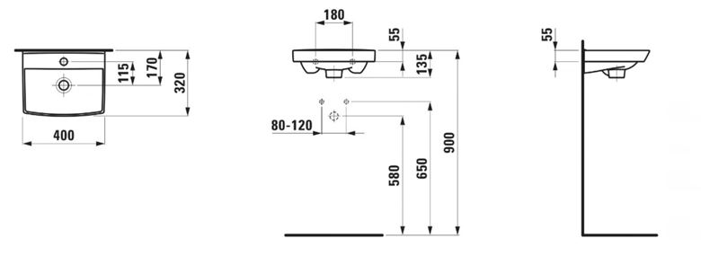 LAUFEN PRO N umývátko 40 cm, s otvorem pro baterii a přepadem H8109500001041 Technický nákres