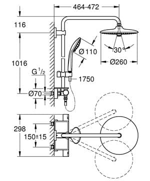 GROHE VITALIO JOY SYSTEM 260 sprchový set s termostatickou baterií, horní sprcha, ruční sprcha se 3 proudy, tyč, hadice, chrom 26403001 Technický nákres