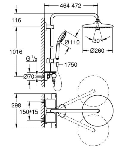 GROHE VITALIO JOY SYSTEM 260 sprchový set s termostatickou baterií, horní sprcha, ruční sprcha se 3 proudy, tyč, hadice, chrom 26403001 Technický nákres