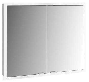 EMCO PRIME SLIM zrcadlová skříňka vestavná 80x70x14,4 cm, osvětlení s regulací stmívání a teploty světla, s vypínačem a el. zásuvkou, hliník, zadní stěna bílé sklo 