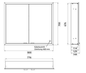 EMCO PRIME SLIM zrcadlová skříňka vestavná 80x70x14,4 cm, osvětlení s regulací stmívání a teploty světla, s vypínačem a el. zásuvkou, černá, zadní stěna bílé sklo  949713604 Technický nákres