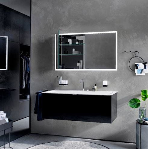 EMCO PRIME SLIM zrcadlová skříňka vestavná 80x70x14,4 cm, osvětlení s regulací stmívání a teploty světla, s vypínačem a el. zásuvkou, černá, zadní stěna bílé sklo  949713604 Obrázek - fotka