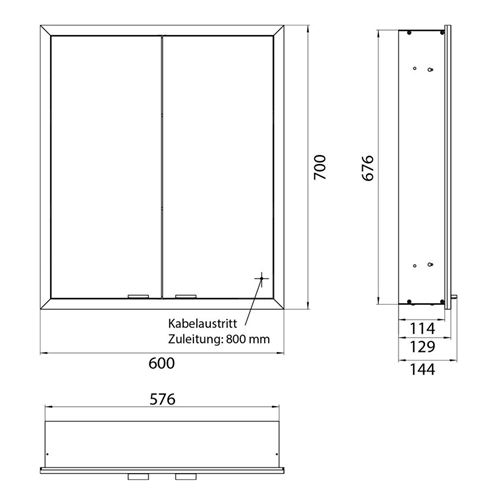 EMCO PRIME SLIM zrcadlová skříňka vestavná 60x70x14,4 cm, osvětlení s regulací stmívání a teploty světla, s vypínačem a el. zásuvkou, hliník, zadní stěna zrcadlo 949708203 Technický nákres